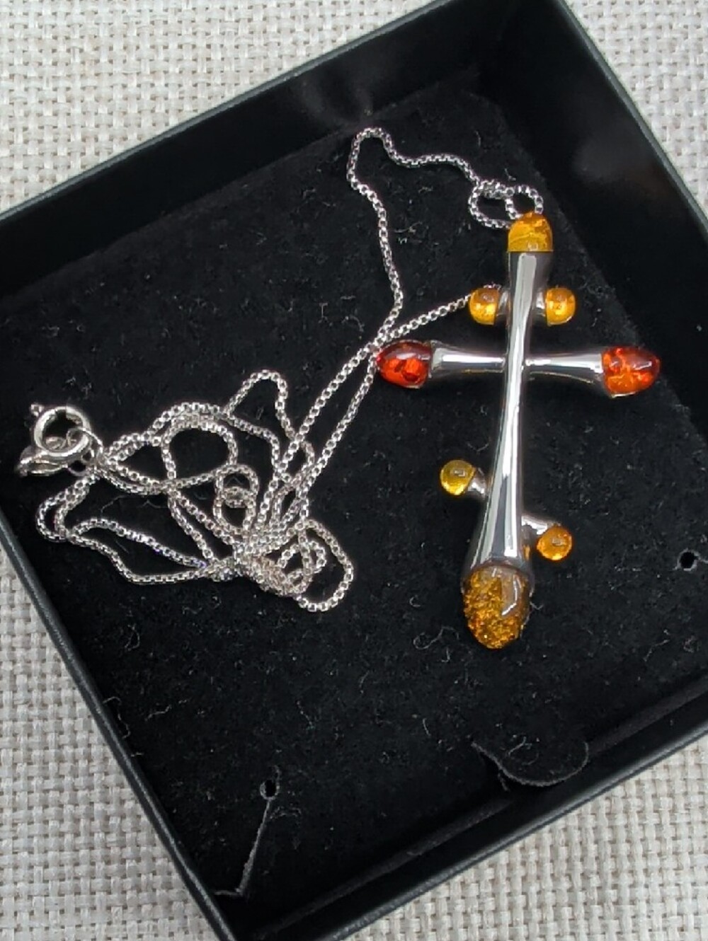Vintage Baltic Amber Sterling Silver Cross Pendant Necklace 925 Poland 18" - Picture 5 of 16